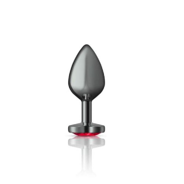 Cheeky Charms Gunmetal Butt Plug w Heart Red Jewel Medium