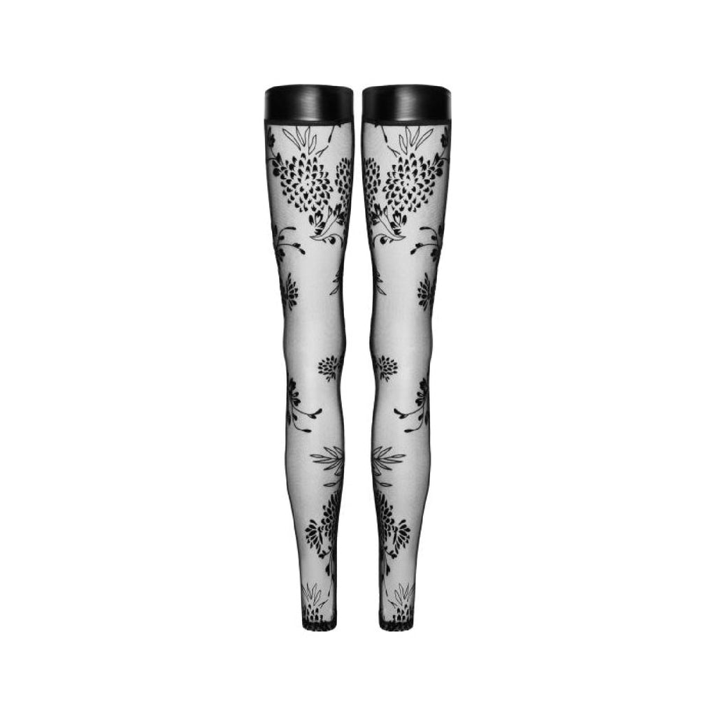 Tulle Stockings w Patterned Flock Embroidery & Power Wetlook Band