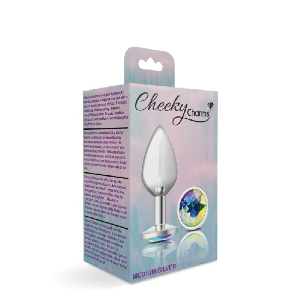 Cheeky Charms Silver Round Butt Plug w Clear Iridescent Jewel Medium