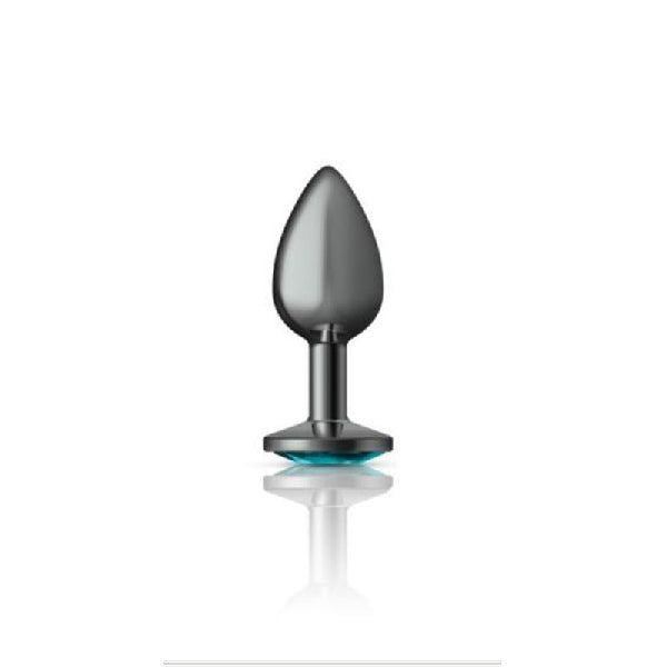 Cheeky Charms Gunmetal Round Butt Plug w Teal Jewel Small
