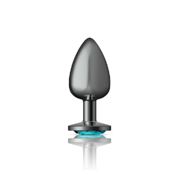 Cheeky Charms Gunmetal Round Butt Plug w Teal Jewel Large