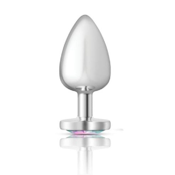 Cheeky Charms Silver Metal  Butt Plug w Heart Clear Jewel Large