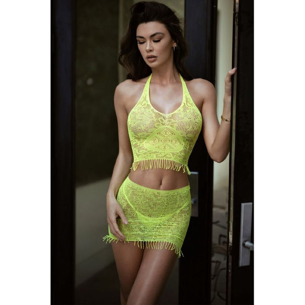 Eyelash Lace 3 Pc Crop, Skirt and Thong Neon Yellow