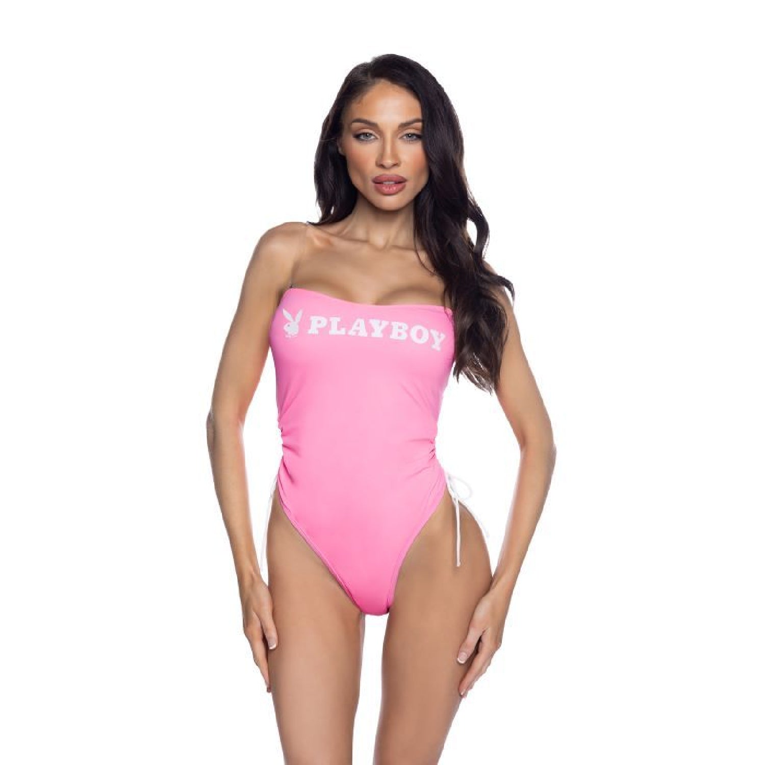 PlayBoy Pink 1 Pc Swimsuit with Ruched Side Ties & Removable Clear Straps